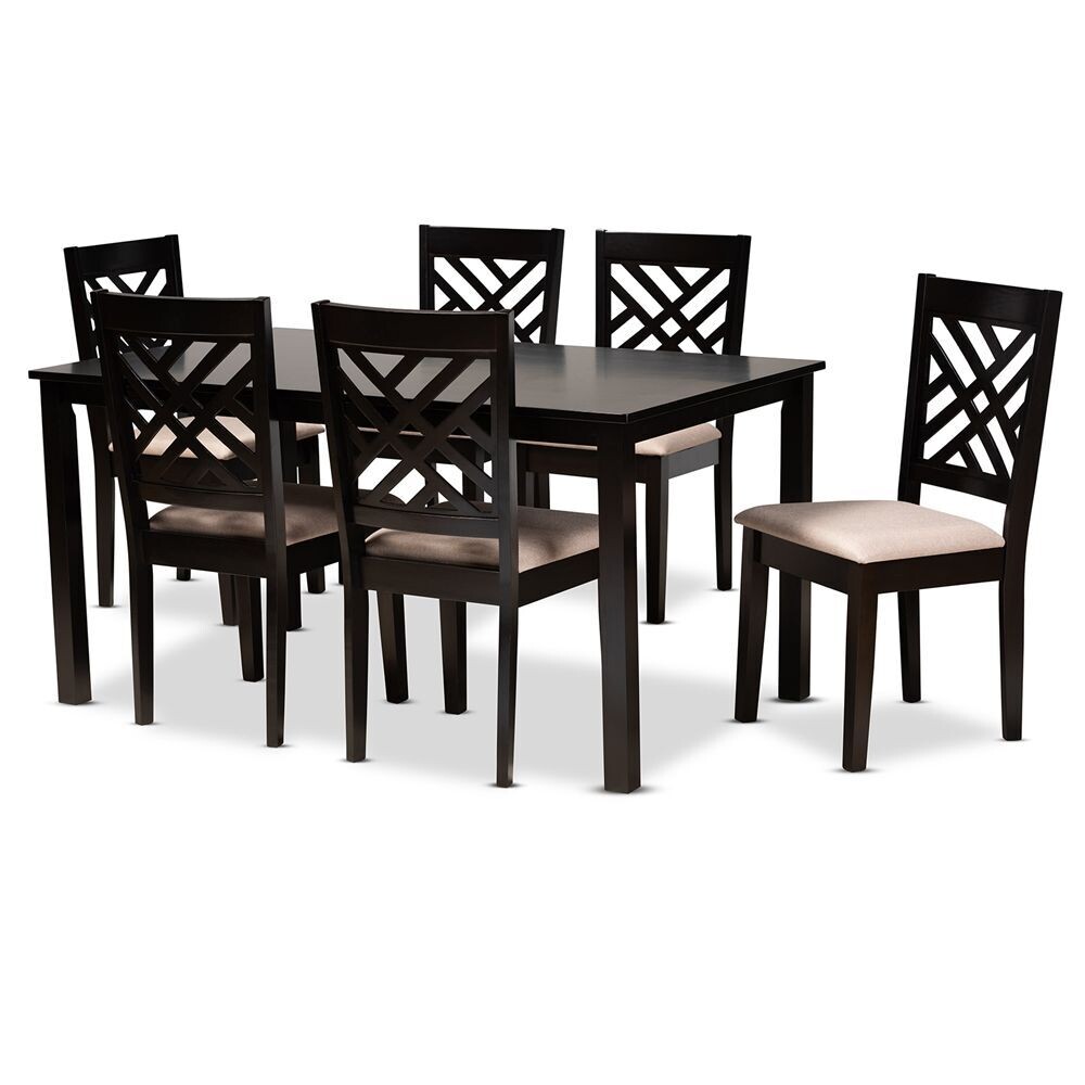 BAXTON STUDIO CARON MODERN AND CONTEMPORARY SAND FABRIC UPHOLSTERED ESPRESSO BROWN FINISHED WOOD 7-PIECE DINING SET