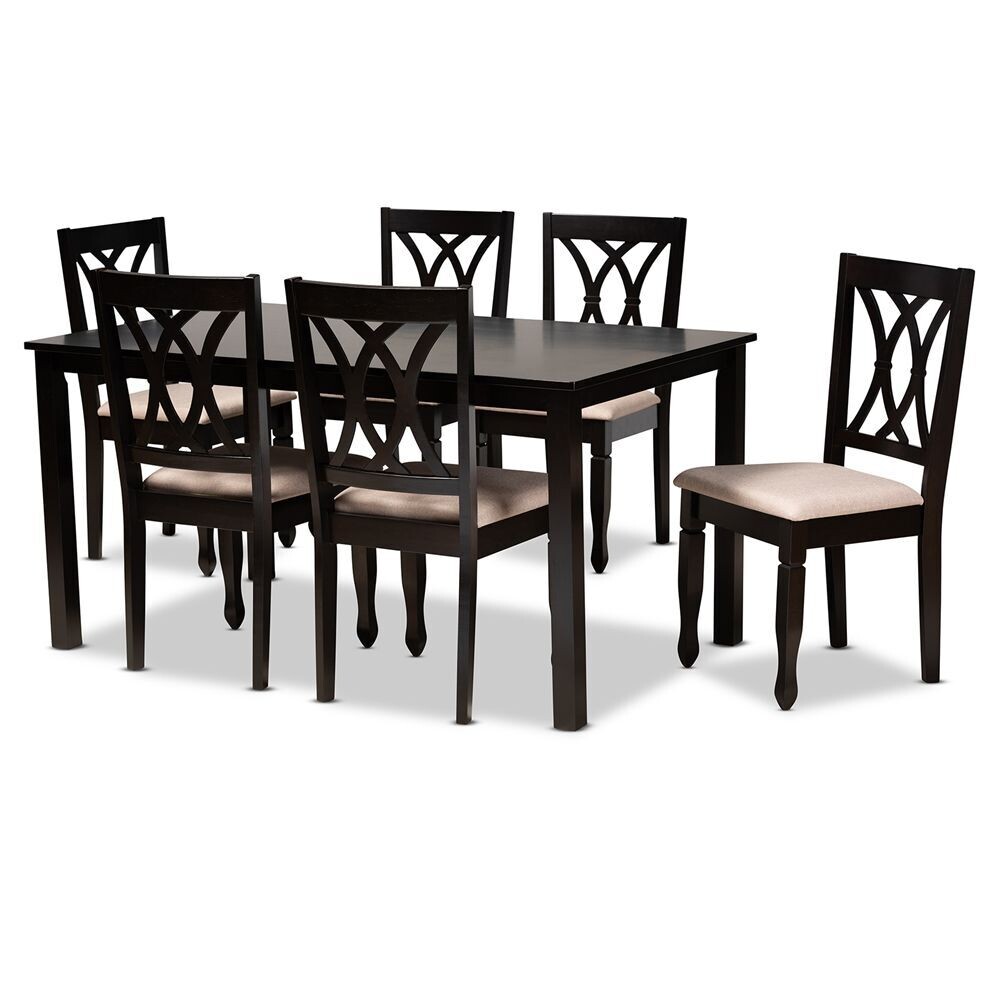 BAXTON STUDIO RENEAU MODERN AND CONTEMPORARY SAND FABRIC UPHOLSTERED ESPRESSO BROWN FINISHED WOOD 7-PIECE DINING SET