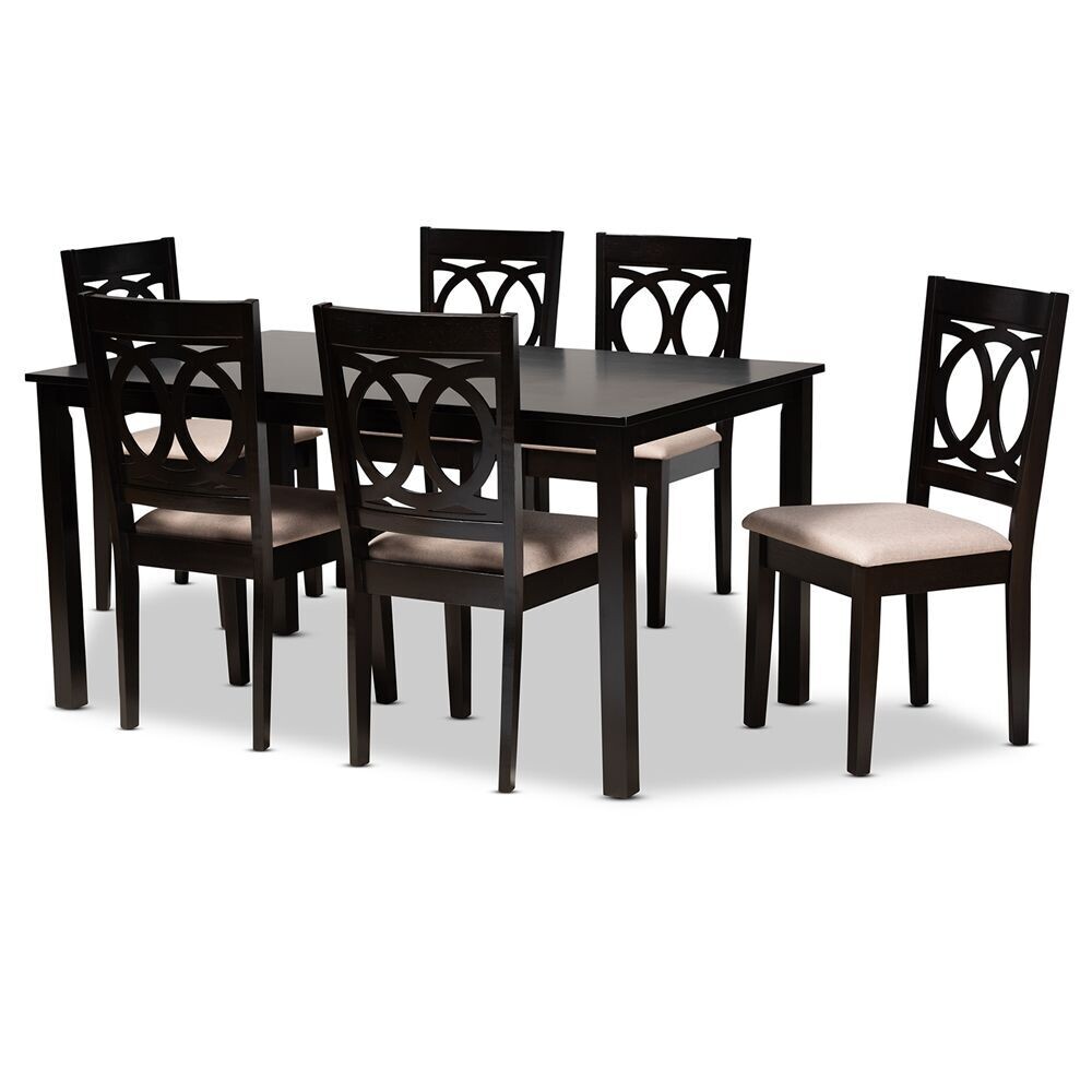 BAXTON STUDIO LENOIR MODERN AND CONTEMPORARY SAND FABRIC UPHOLSTERED ESPRESSO BROWN FINISHED WOOD 7-PIECE DINING SET