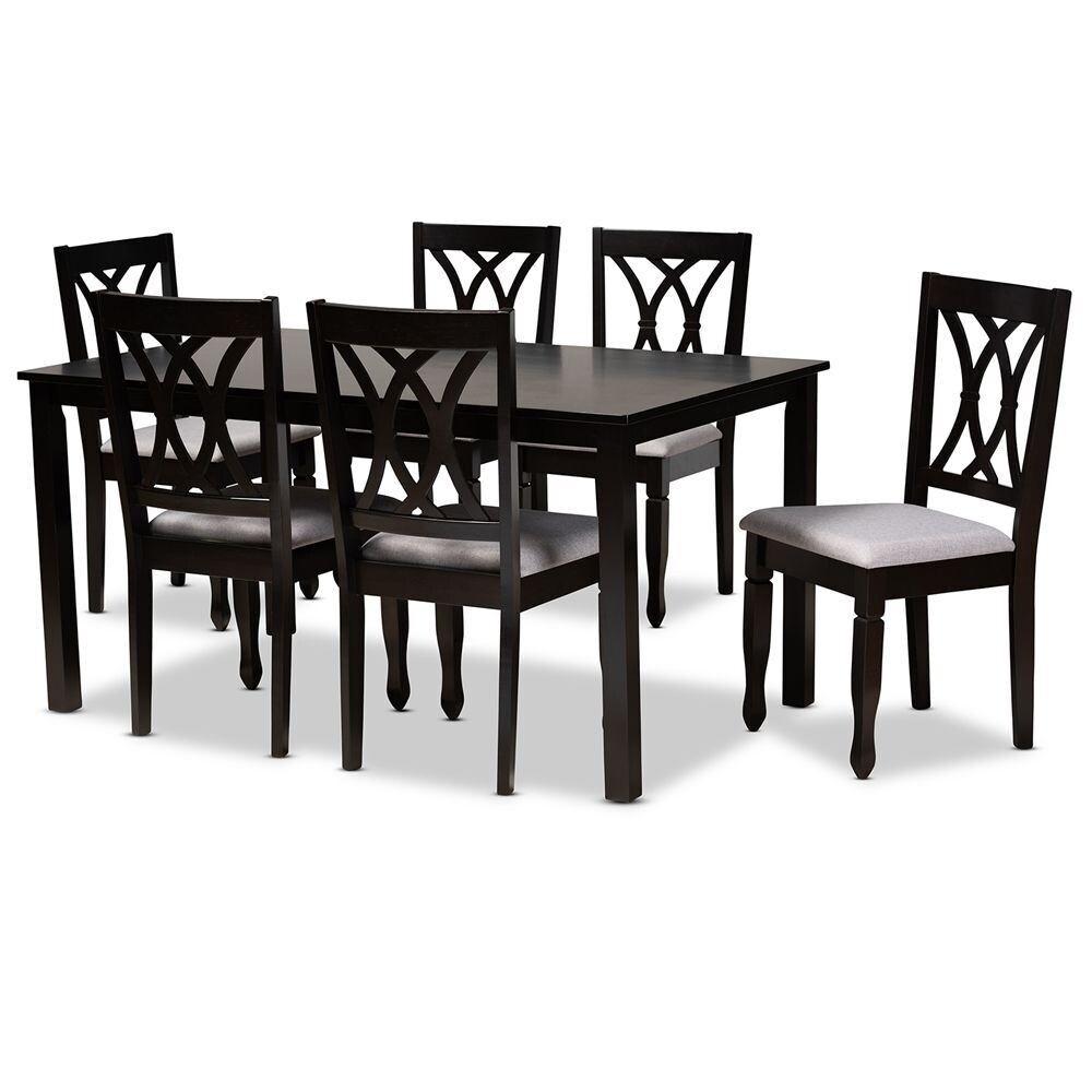 BAXTON STUDIO RENEAU MODERN AND CONTEMPORARY GREY FABRIC UPHOLSTERED ESPRESSO BROWN FINISHED WOOD 7-PIECE DINING SET