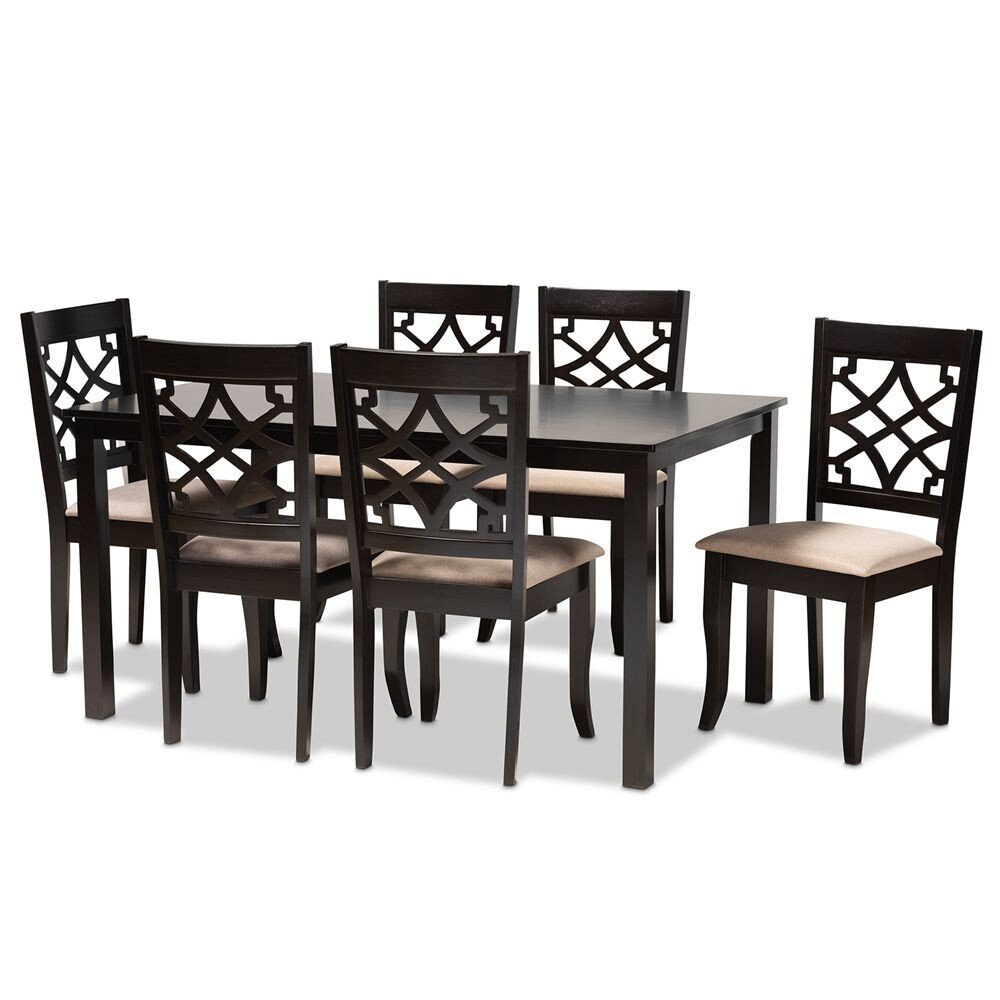 BAXTON STUDIO MAEL MODERN AND CONTEMPORARY SAND FABRIC UPHOLSTERED AND ESPRESSO BROWN FINISHED WOOD 7-PIECE DINING SET