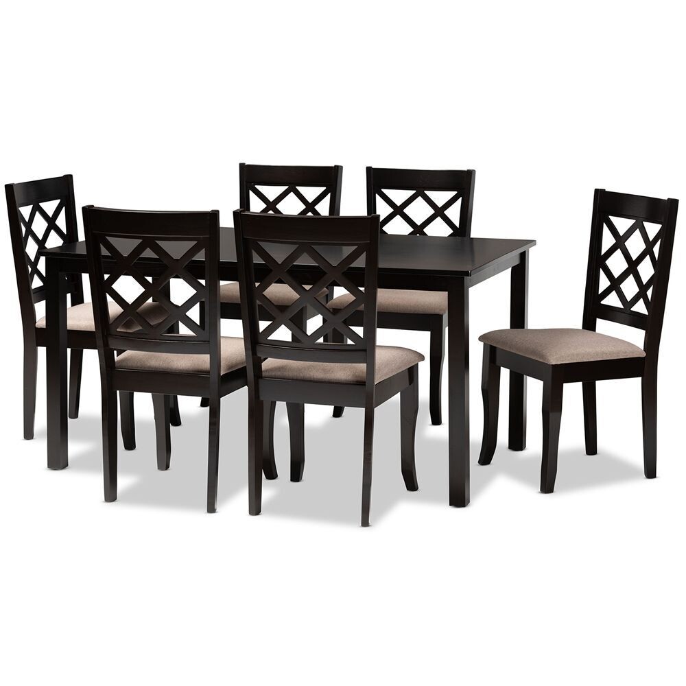 BAXTON STUDIO VERNER MODERN AND CONTEMPORARY SAND FABRIC UPHOLSTERED DARK BROWN FINISHED 7-PIECE WOOD DINING SET