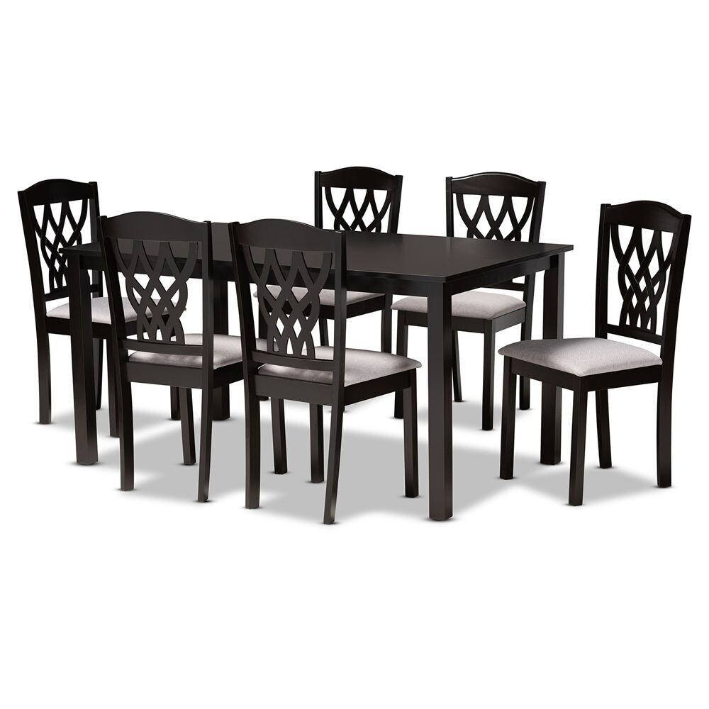 BAXTON STUDIO SALEM MODERN AND CONTEMPORARY GREY FABRIC UPHOLSTERED AND DARK BROWN FINISHED WOOD 7-PIECE DINING SET