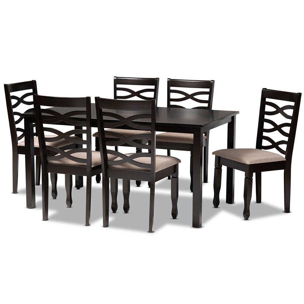 BAXTON STUDIO LANIER MODERN AND CONTEMPORARY SAND FABRIC UPHOLSTERED DARK BROWN FINISHED WOOD 7-PIECE DINING SET