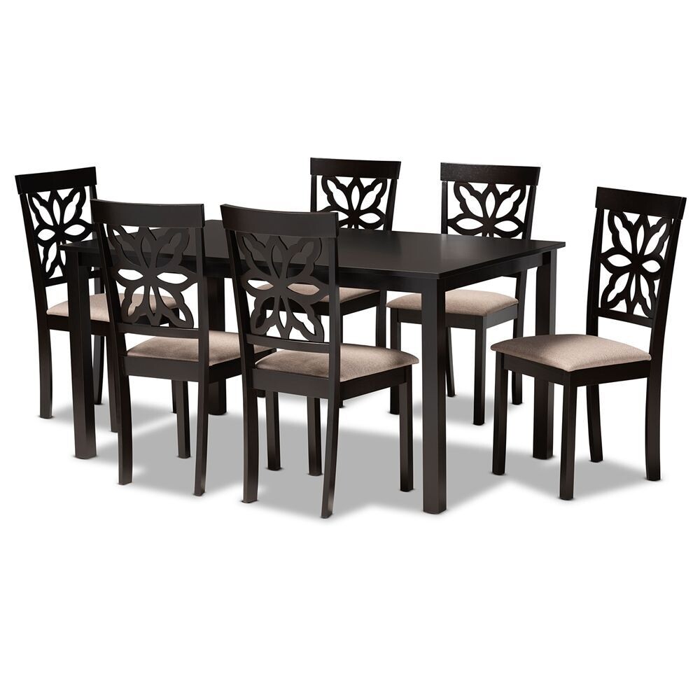 BAXTON STUDIO DALLAS MODERN AND CONTEMPORARY SAND FABRIC UPHOLSTERED AND DARK BROWN FINISHED WOOD 7-PIECE DINING SET