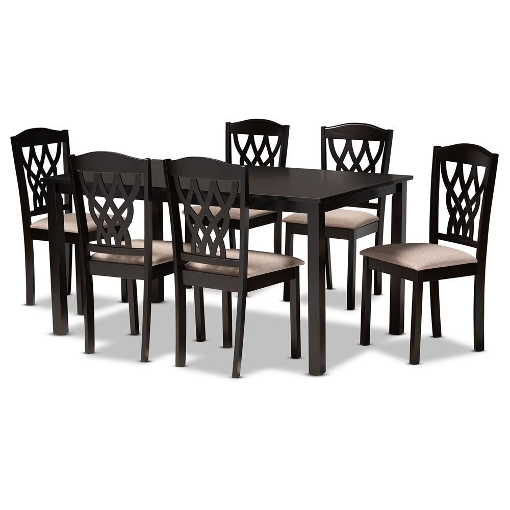 BAXTON STUDIO SALEM MODERN AND CONTEMPORARY SAND FABRIC UPHOLSTERED AND DARK BROWN FINISHED WOOD 7-PIECE DINING SET