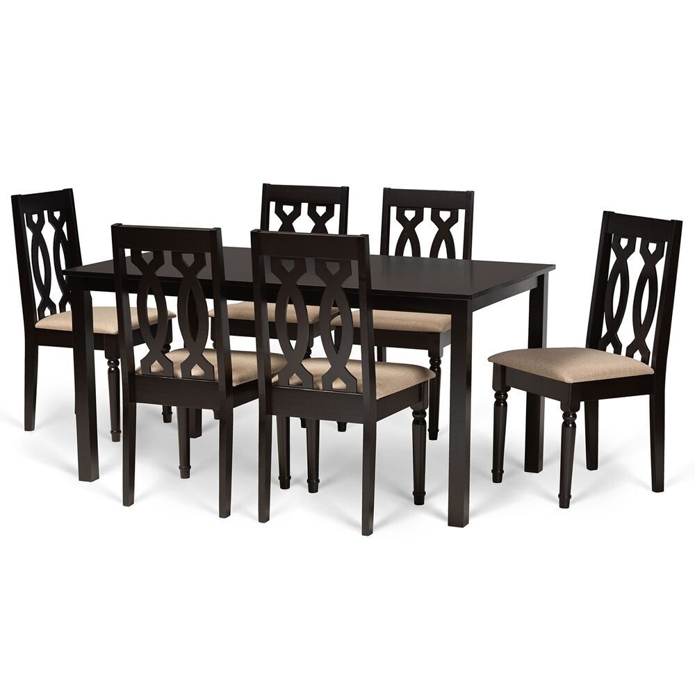 BAXTON STUDIO CHERESE MODERN AND CONTEMPORARY SAND FABRIC UPHOLSTERED AND DARK BROWN FINISHED WOOD 7-PIECE DINING SET