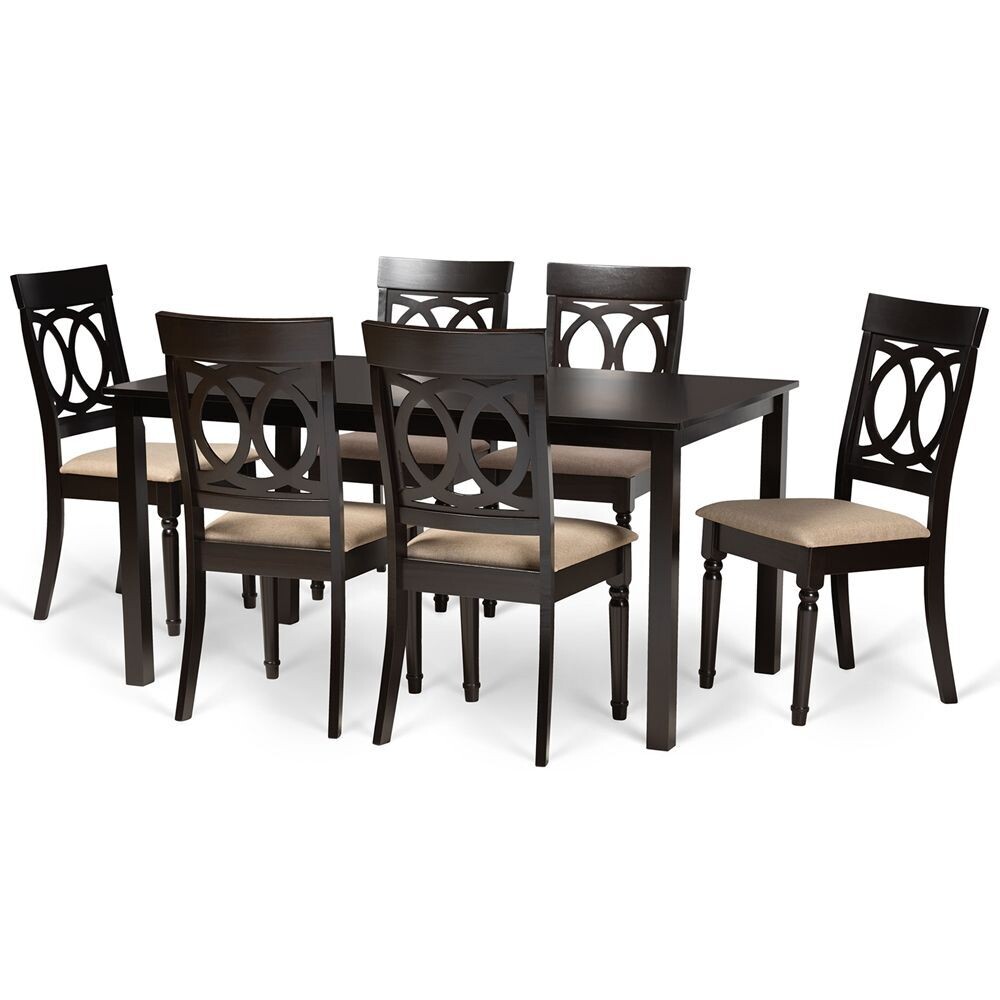 BAXTON STUDIO LUCIE MODERN AND CONTEMPORARY SAND FABRIC UPHOLSTERED AND DARK BROWN FINISHED WOOD 7-PIECE DINING SET