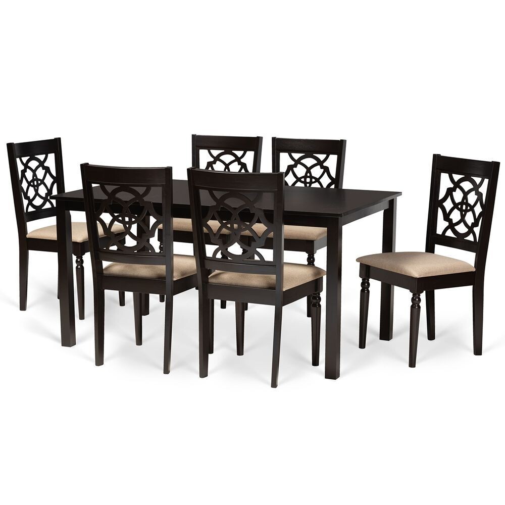 BAXTON STUDIO RENAUD MODERN AND CONTEMPORARY SAND FABRIC UPHOLSTERED AND DARK BROWN FINISHED WOOD 7-PIECE DINING SET
