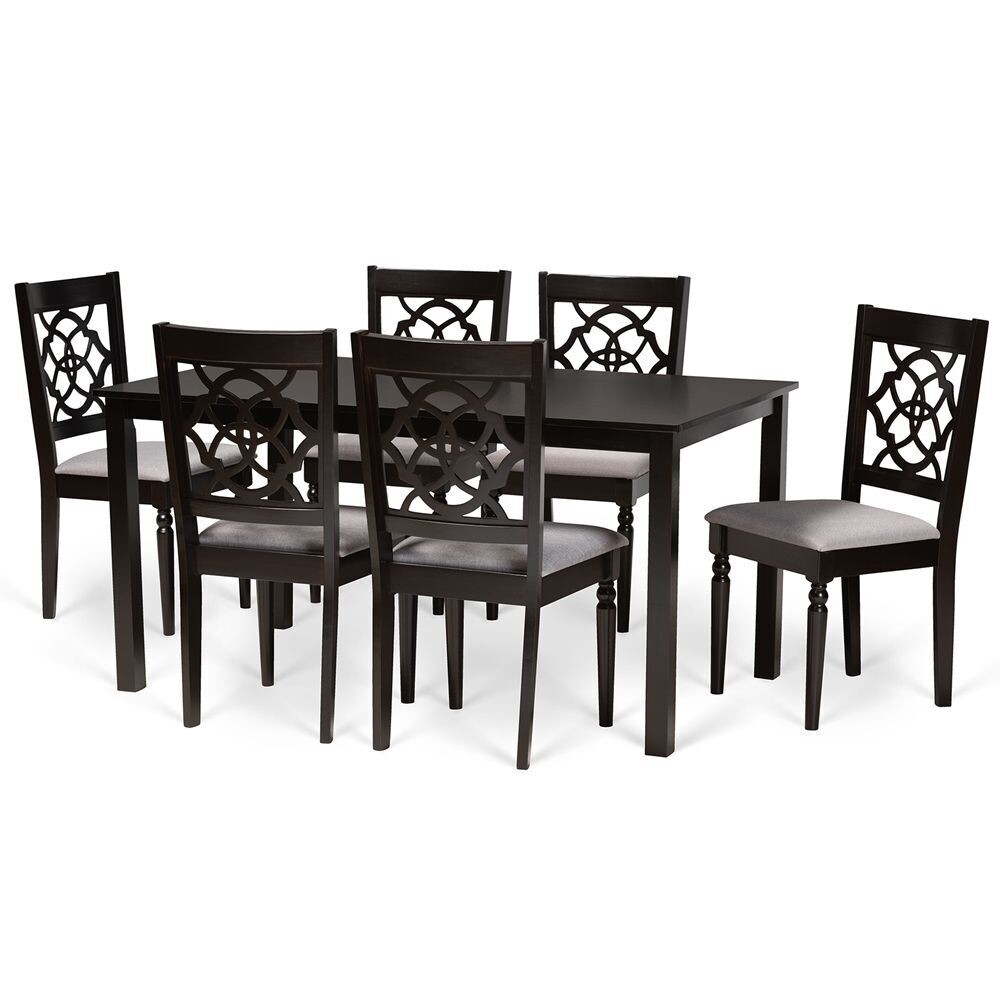 BAXTON STUDIO RENAUD MODERN AND CONTEMPORARY GREY FABRIC UPHOLSTERED AND DARK BROWN FINISHED WOOD 7-PIECE DINING SET