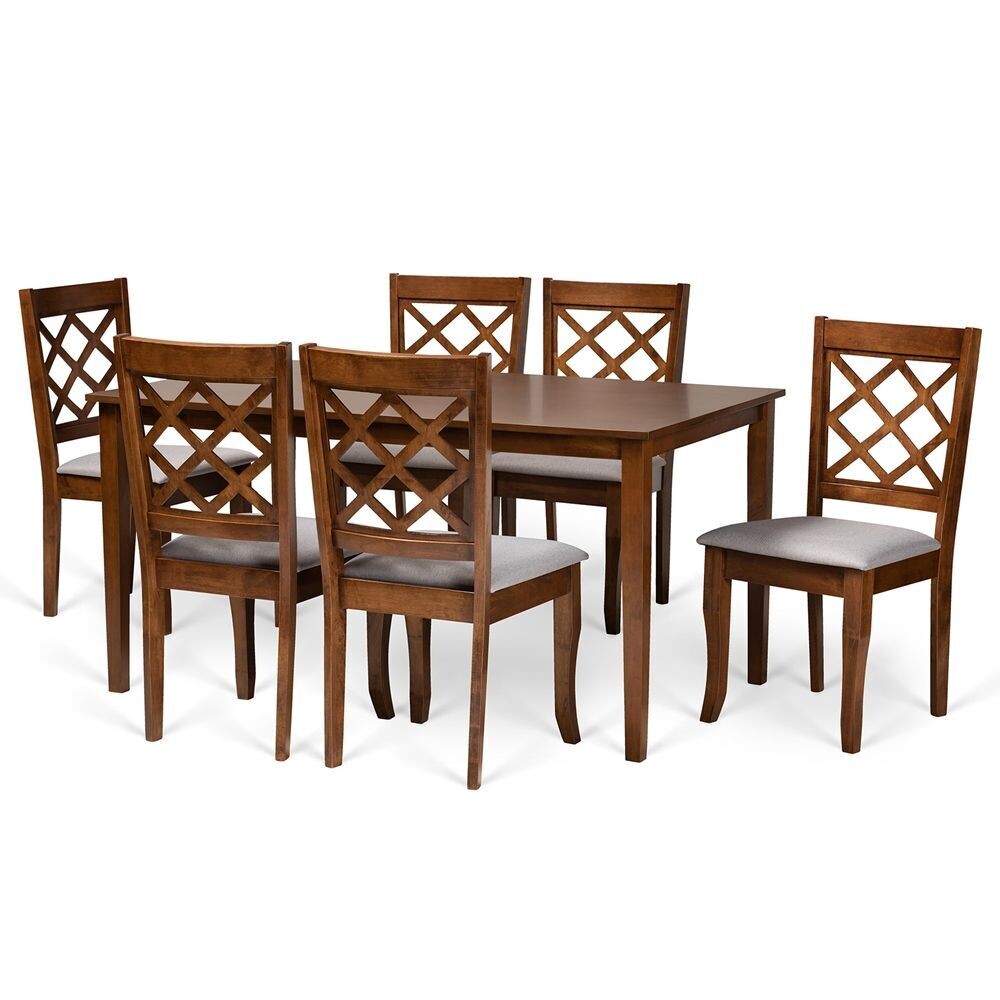BAXTON STUDIO VERNER MODERN AND CONTEMPORARY GREY FABRIC UPHOLSTERED AND WALNUT BROWN FINISHED WOOD 7-PIECE DINING SET