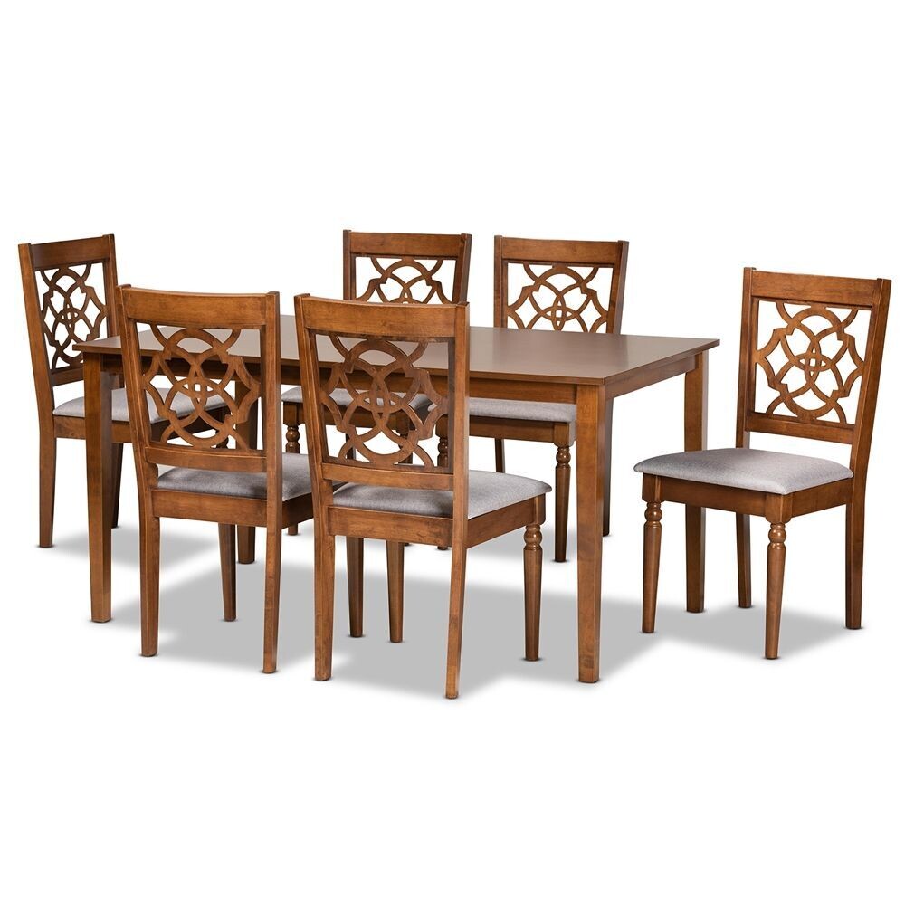 BAXTON STUDIO RENAUD MODERN AND CONTEMPORARY GREY FABRIC UPHOLSTERED AND WALNUT BROWN FINISHED WOOD 7-PIECE DINING SET
