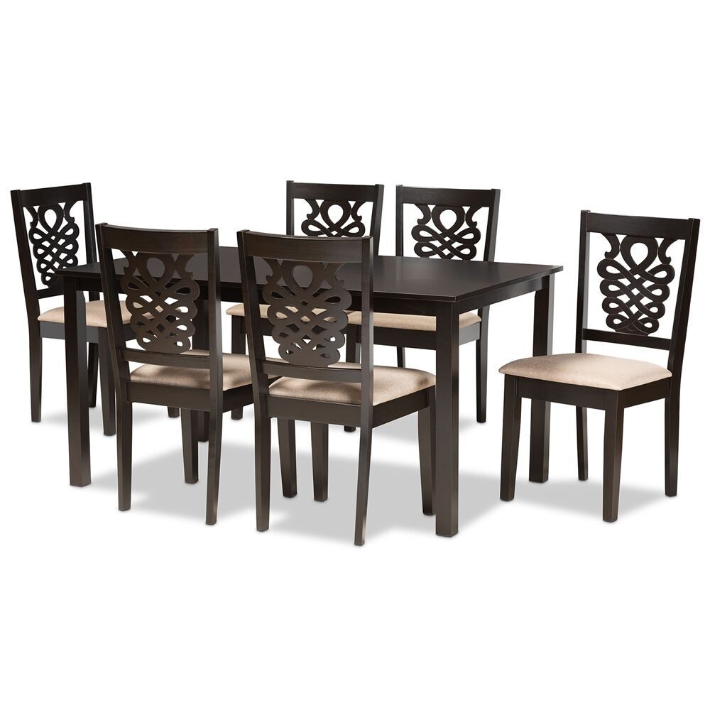 BAXTON STUDIO GERVAIS MODERN AND CONTEMPORARY SAND FABRIC UPHOLSTERED AND DARK BROWN FINISHED WOOD 7-PIECE DINING SET