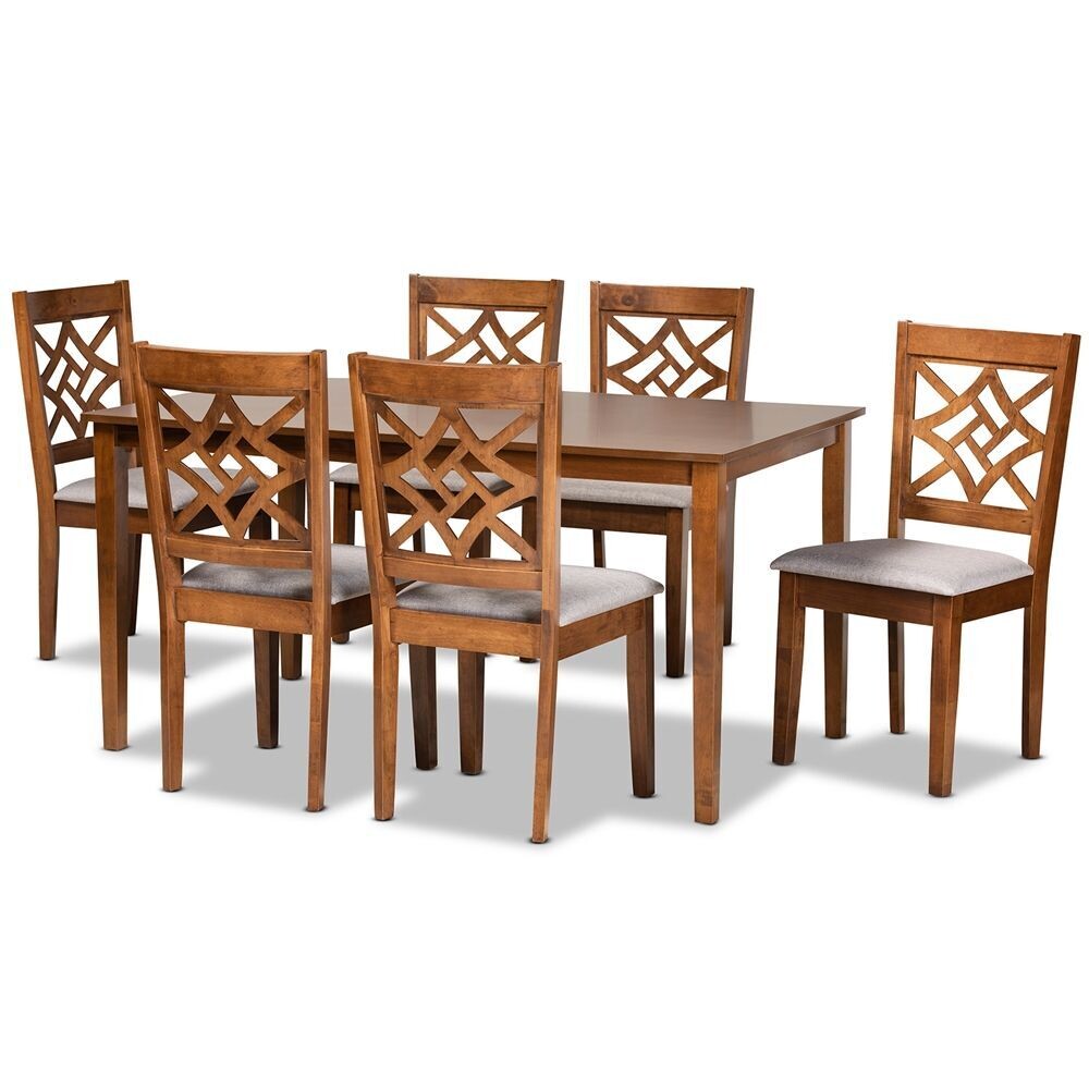 BAXTON STUDIO NICOLETTE MODERN AND CONTEMPORARY GREY FABRIC UPHOLSTERED AND WALNUT BROWN FINISHED WOOD 7-PIECE DINING SET