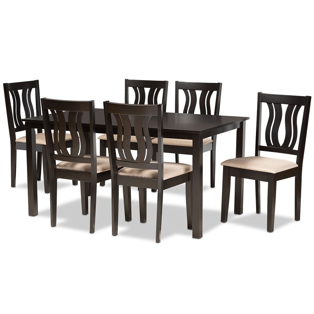 BAXTON STUDIO FENTON MODERN AND CONTEMPORARY SAND FABRIC UPHOLSTERED AND DARK BROWN FINISHED WOOD 7-PIECE DINING SET