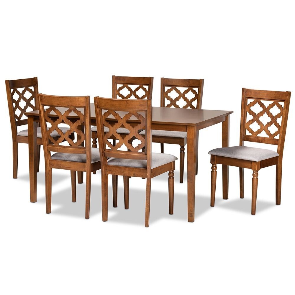 BAXTON STUDIO RAMIRO MODERN AND CONTEMPORARY GREY FABRIC UPHOLSTERED AND WALNUT BROWN FINISHED WOOD 7-PIECE DINING SET