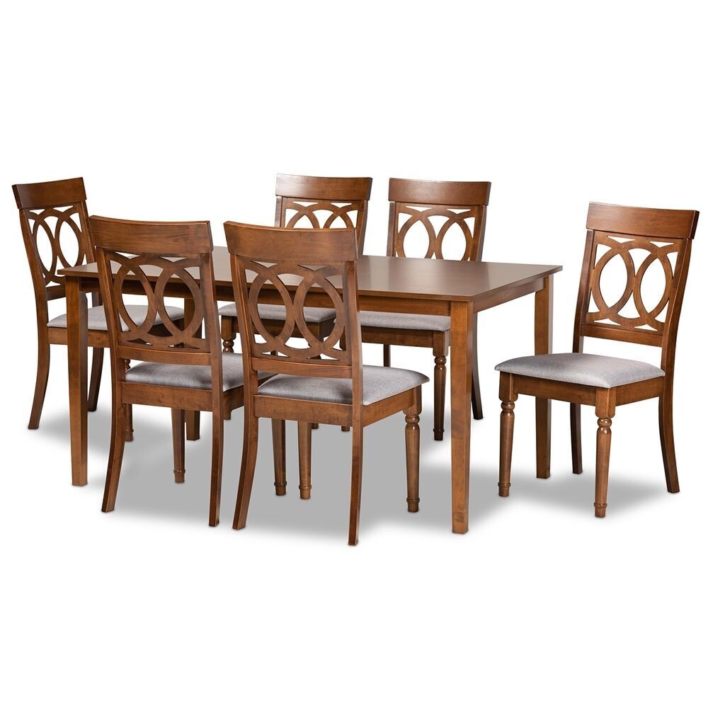 BAXTON STUDIO LUCIE MODERN AND CONTEMPORARY GREY FABRIC UPHOLSTERED AND WALNUT BROWN FINISHED WOOD 7-PIECE DINING SET