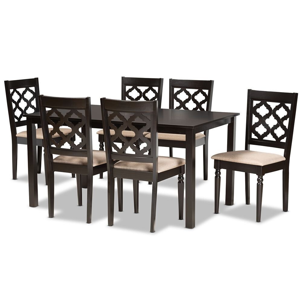 BAXTON STUDIO RAMIRO MODERN AND CONTEMPORARY SAND FABRIC UPHOLSTERED AND DARK BROWN FINISHED WOOD 7-PIECE DINING SET
