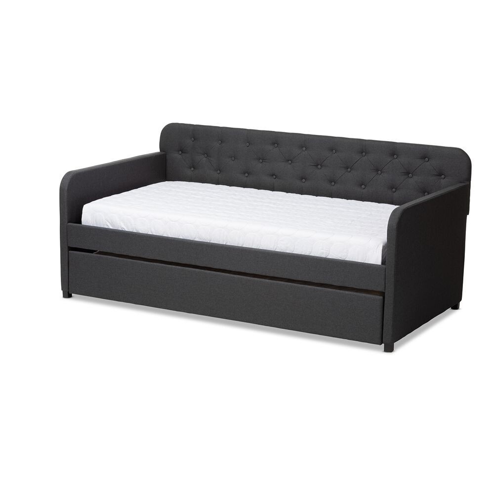 BAXTON STUDIO CAMELIA MODERN AND CONTEMPORARY CHARCOAL GREY FABRIC UPHOLSTERED BUTTON-TUFTED TWIN SIZE SOFA DAYBED WITH ROLL-OUT TRUNDLE GUEST BED