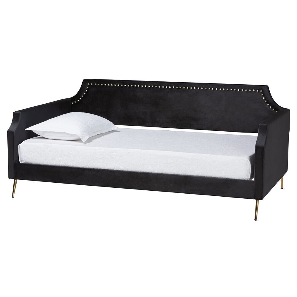 BAXTON STUDIO PITA TRADITIONAL GLAM AND LUXE BLACK VELVET AND GOLD METAL TWIN SIZE DAYBED