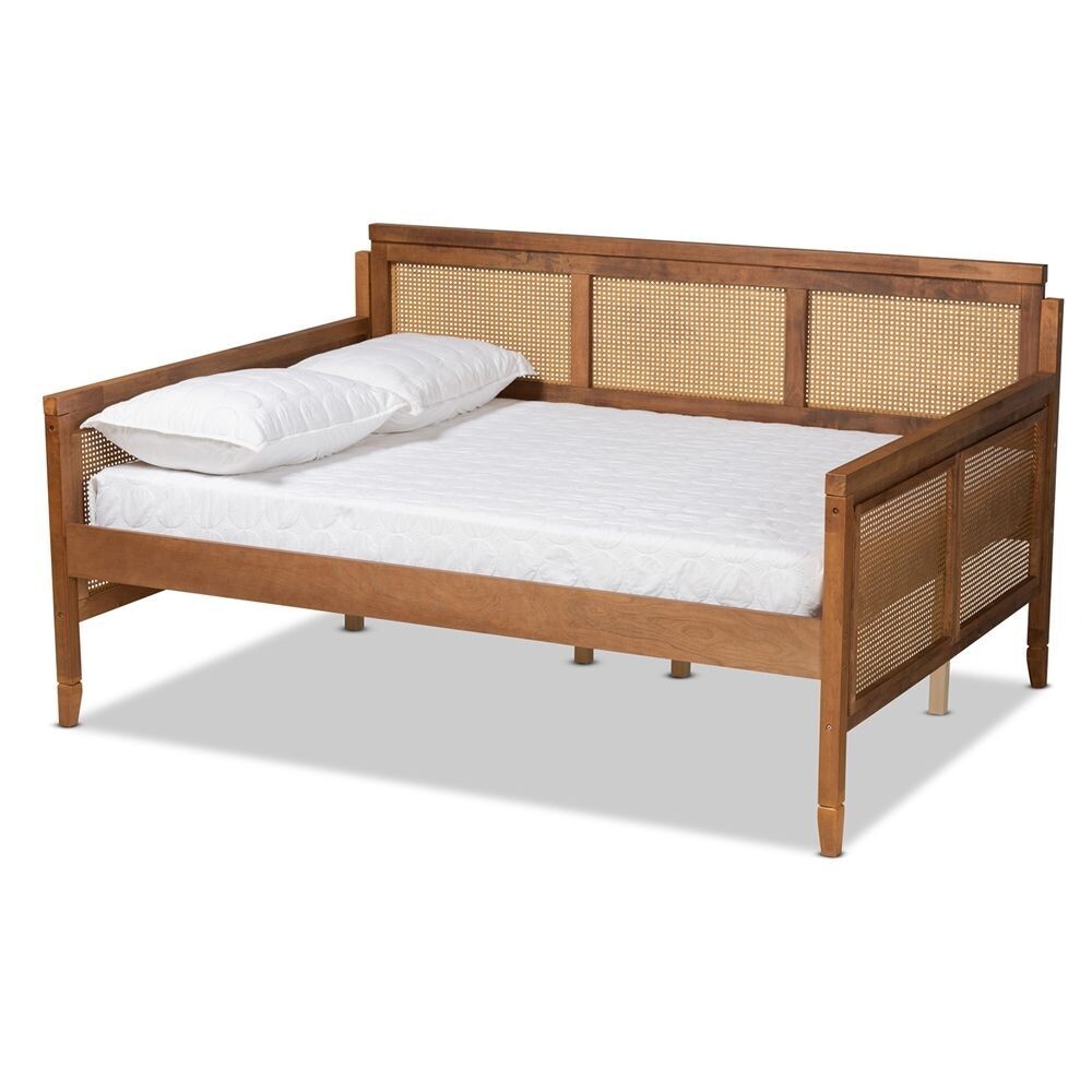 BAXTON STUDIO TOVELI VINTAGE FRENCH INSPIRED ASH WALNUT FINISHED WOOD AND SYNTHETIC RATTAN FULL SIZE DAYBED