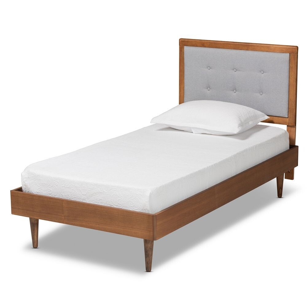 BAXTON STUDIO GRETA MID-CENTURY MODERN LIGHT GREY FABRIC UPHOLSTERED AND WALNUT BROWN FINISHED WOOD TWIN SIZE PLATFORM BED