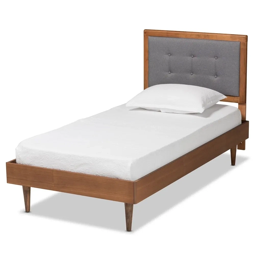 BAXTON STUDIO GRETA MID-CENTURY MODERN DARK GREY FABRIC UPHOLSTERED AND WALNUT BROWN FINISHED WOOD TWIN SIZE PLATFORM BED