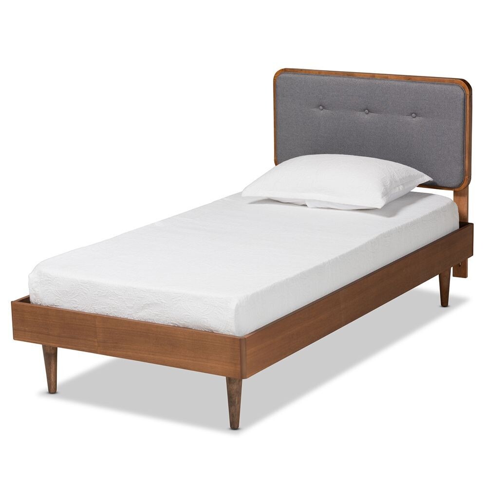 BAXTON STUDIO CILKA MID-CENTURY MODERN DARK GREY FABRIC UPHOLSTERED AND ASH WALNUT FINISHED WOOD TWIN SIZE PLATFORM BED
