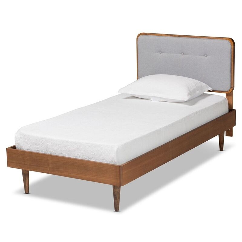 BAXTON STUDIO CILKA MID-CENTURY MODERN LIGHT GREY FABRIC UPHOLSTERED AND ASH WALNUT FINISHED WOOD TWIN SIZE PLATFORM BED