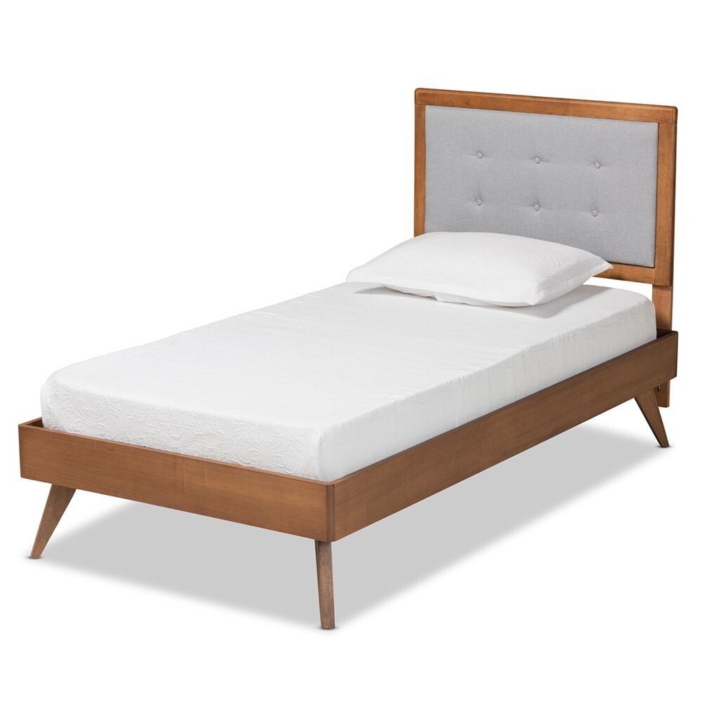 BAXTON STUDIO ALIDA MID-CENTURY MODERN LIGHT GREY FABRIC UPHOLSTERED AND WALNUT BROWN FINISHED WOOD TWIN SIZE PLATFORM BED