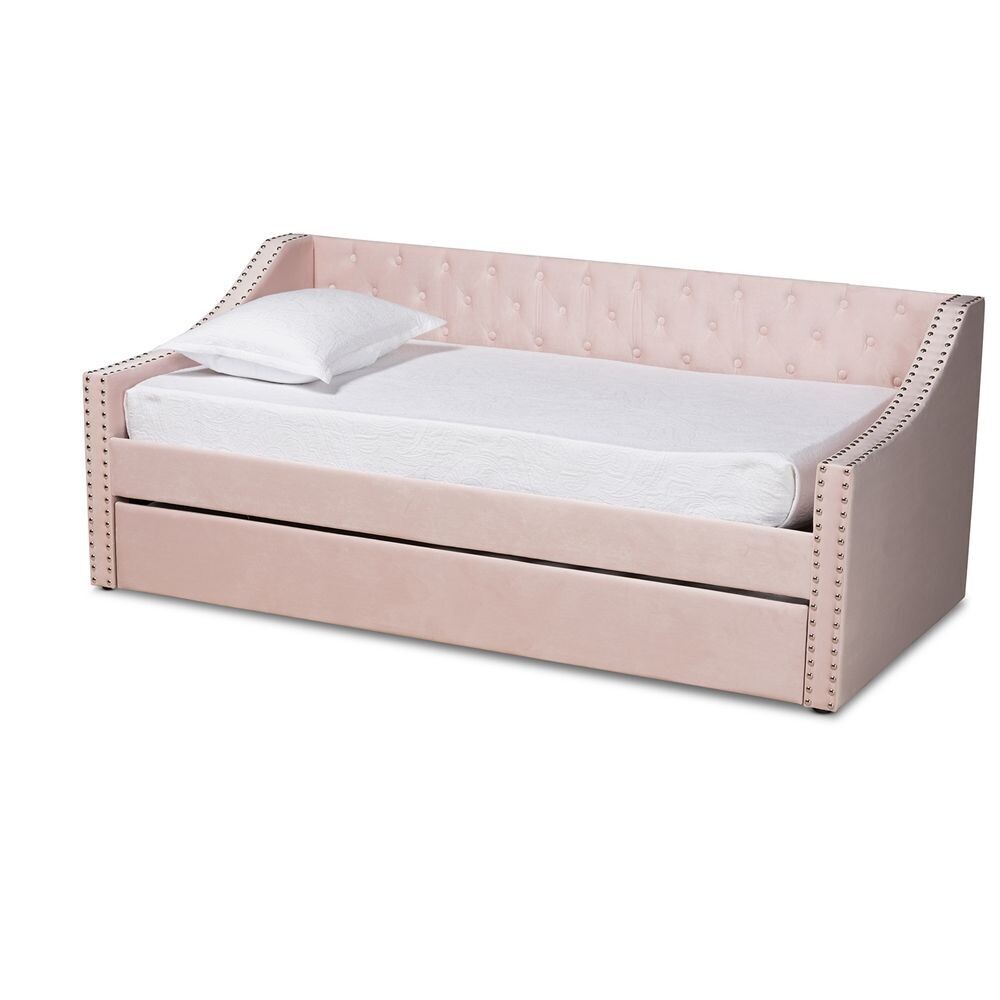 BAXTON STUDIO RAPHAEL MODERN AND CONTEMPORARY PINK VELVET FABRIC UPHOLSTERED TWIN SIZE DAYBED WITH TRUNDLE