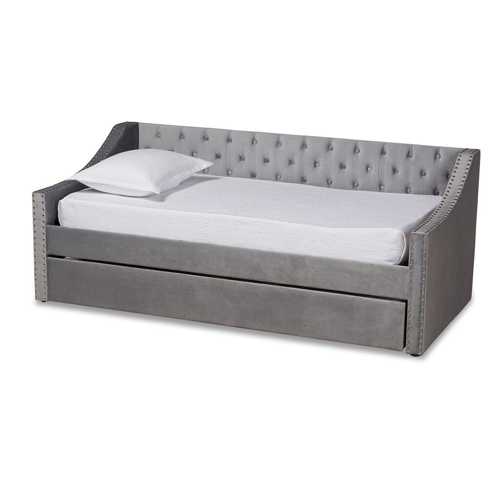 BAXTON STUDIO RAPHAEL MODERN AND CONTEMPORARY GREY VELVET FABRIC UPHOLSTERED TWIN SIZE DAYBED WITH TRUNDLE
