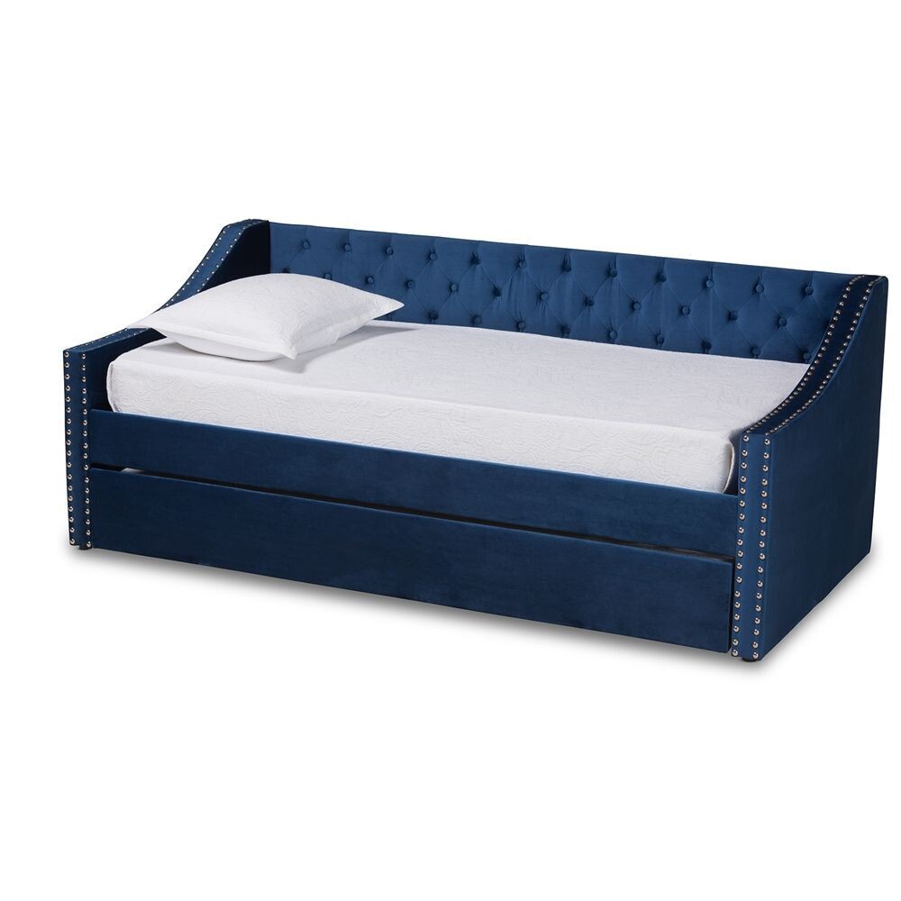 BAXTON STUDIO RAPHAEL MODERN AND CONTEMPORARY NAVY BLUE VELVET FABRIC UPHOLSTERED TWIN SIZE DAYBED WITH TRUNDLE