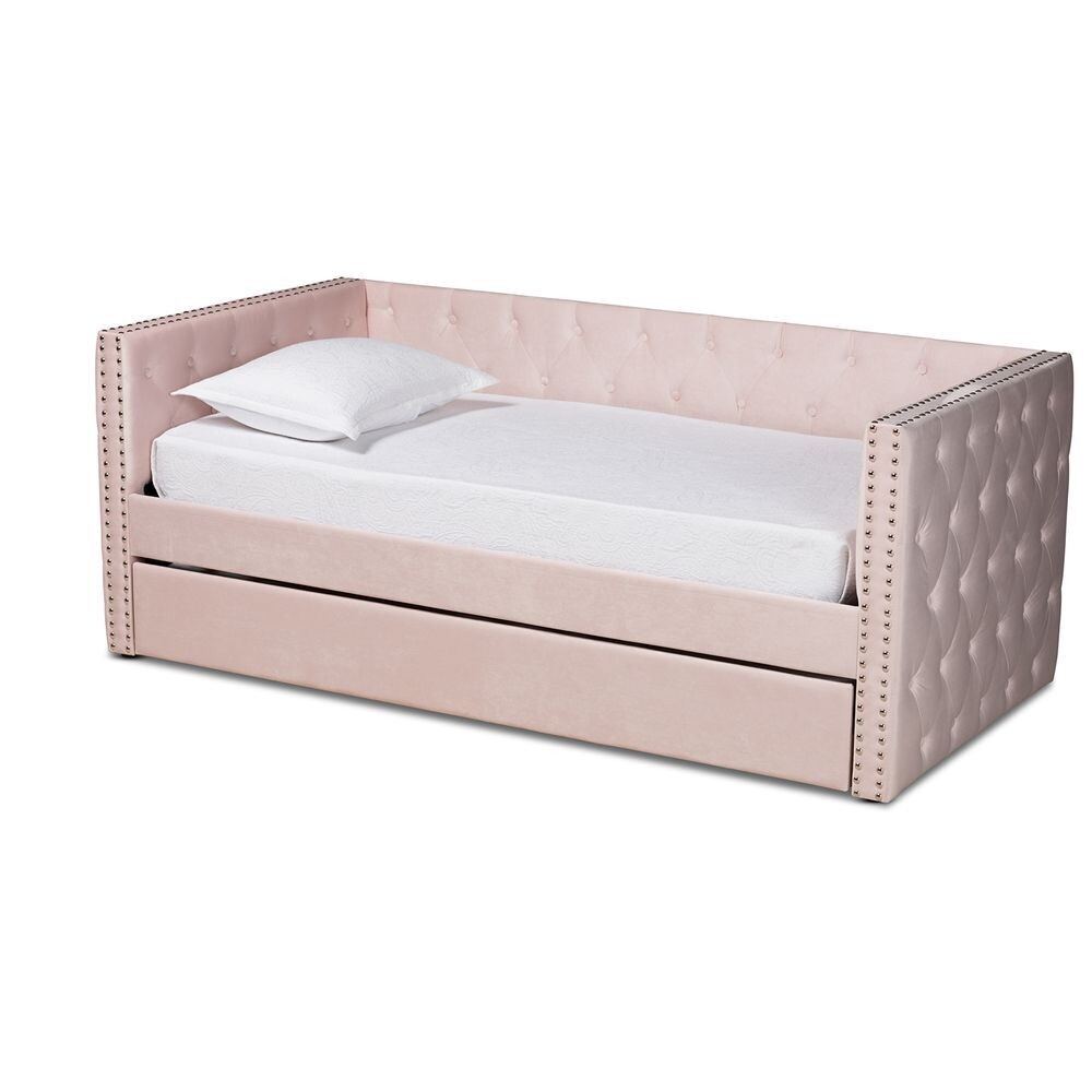 BAXTON STUDIO LARKIN MODERN AND CONTEMPORARY PINK VELVET FABRIC UPHOLSTERED TWIN SIZE DAYBED WITH TRUNDLE