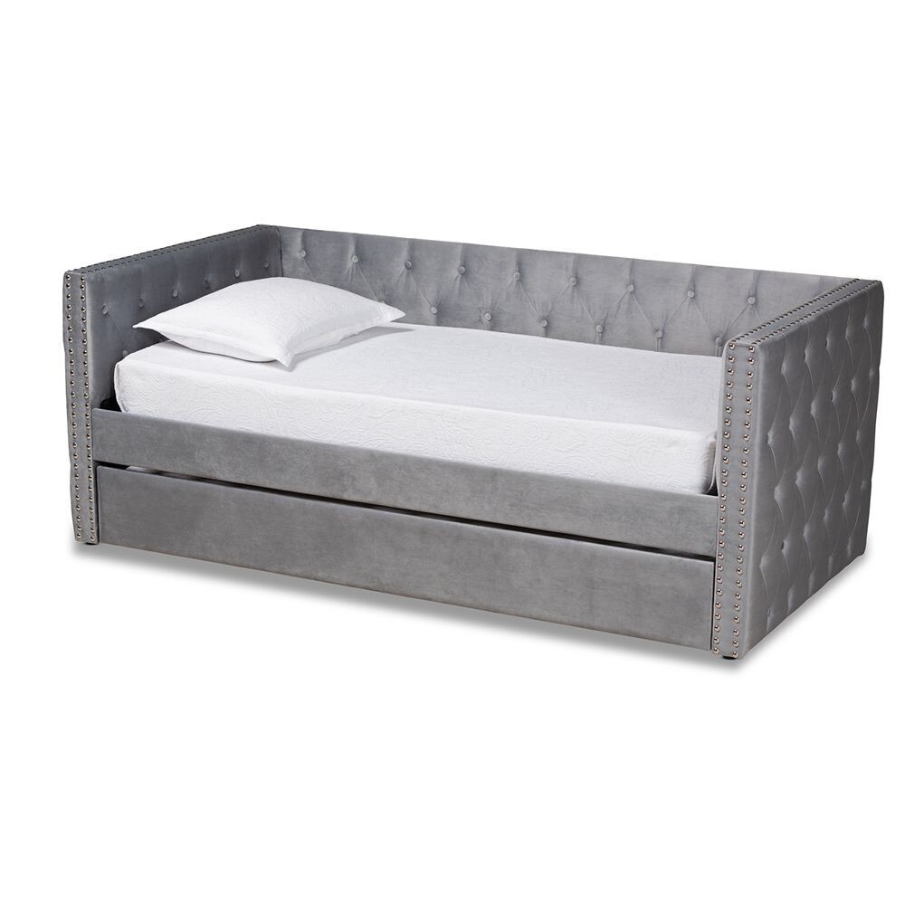 BAXTON STUDIO LARKIN MODERN AND CONTEMPORARY GREY VELVET FABRIC UPHOLSTERED TWIN SIZE DAYBED WITH TRUNDLE