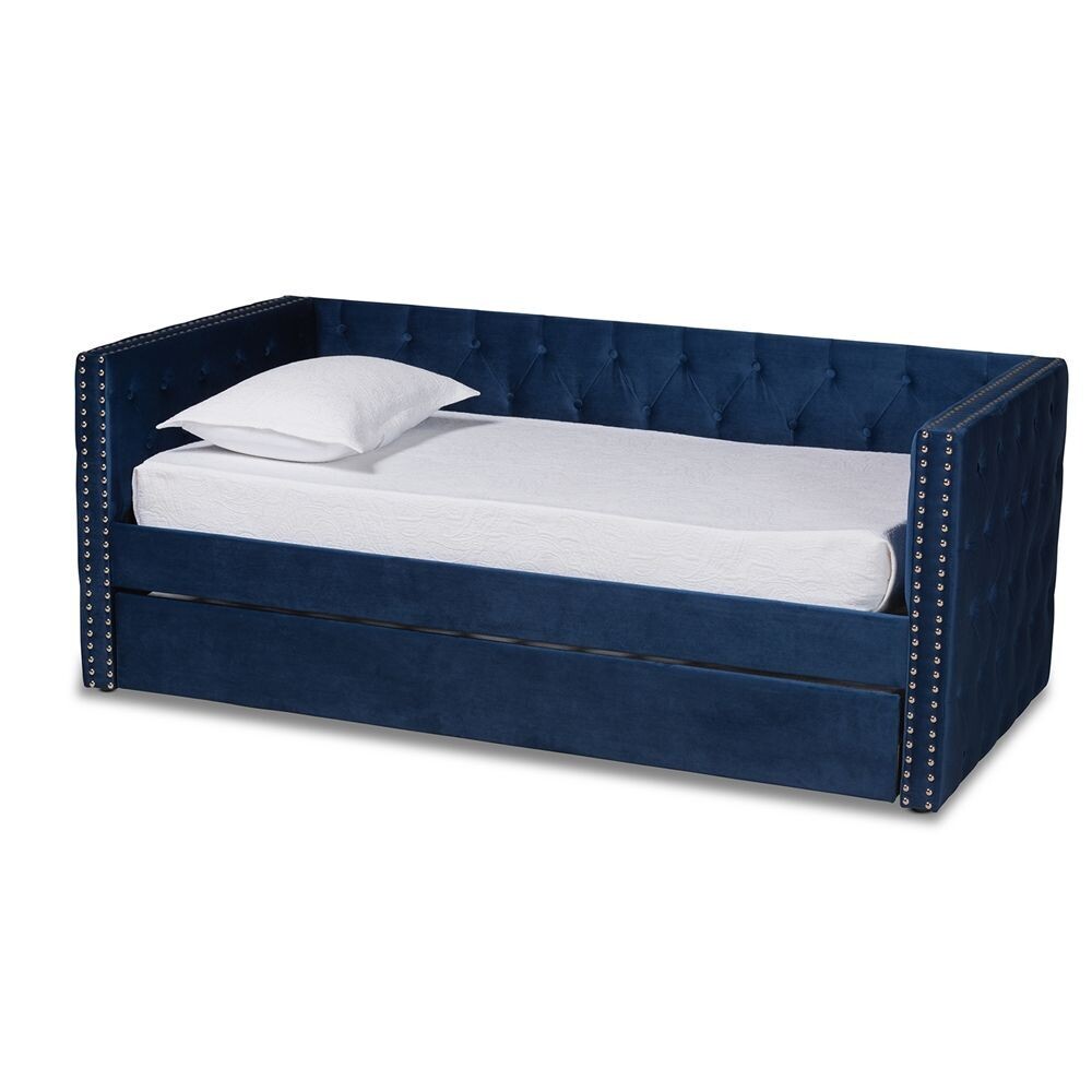 BAXTON STUDIO LARKIN MODERN AND CONTEMPORARY NAVY BLUE VELVET FABRIC UPHOLSTERED TWIN SIZE DAYBED WITH TRUNDLE