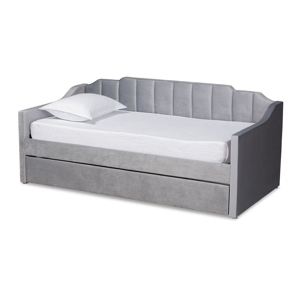 BAXTON STUDIO LENNON MODERN AND CONTEMPORARY GREY VELVET FABRIC UPHOLSTERED TWIN SIZE DAYBED WITH TRUNDLE