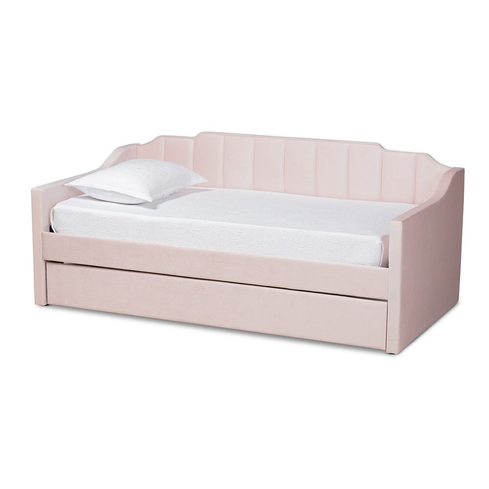 BAXTON STUDIO LENNON MODERN AND CONTEMPORARY PINK VELVET FABRIC UPHOLSTERED TWIN SIZE DAYBED WITH TRUNDLE