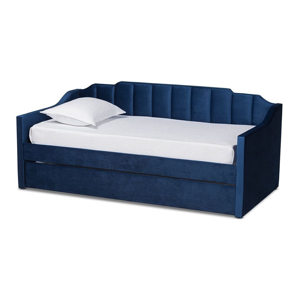 BAXTON STUDIO LENNON MODERN AND CONTEMPORARY NAVY BLUE VELVET FABRIC UPHOLSTERED TWIN SIZE DAYBED WITH TRUNDLE