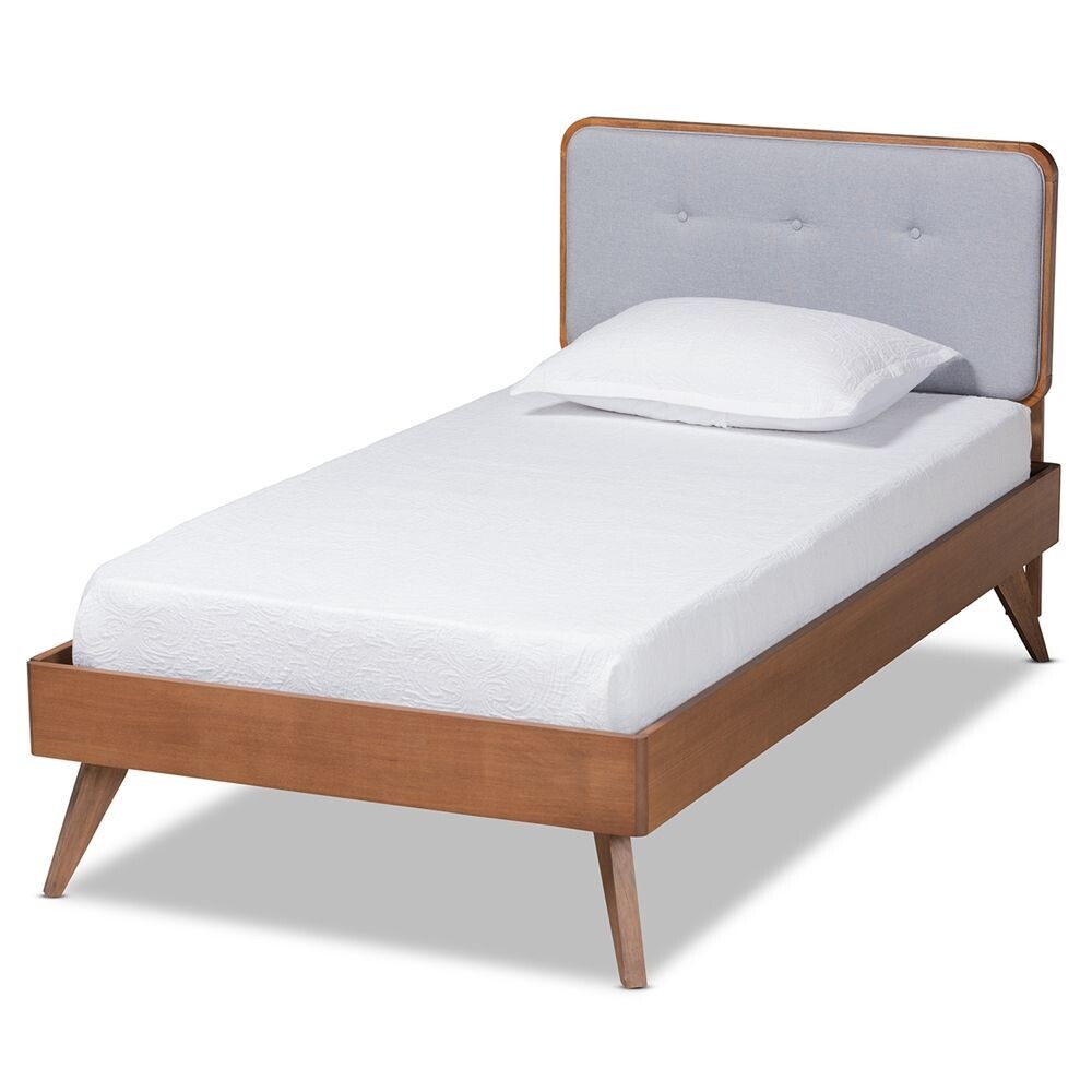 BAXTON STUDIO DILARA MID-CENTURY MODERN LIGHT GREY FABRIC UPHOLSTERED AND WALNUT BROWN FINISHED WOOD TWIN SIZE PLATFORM BED