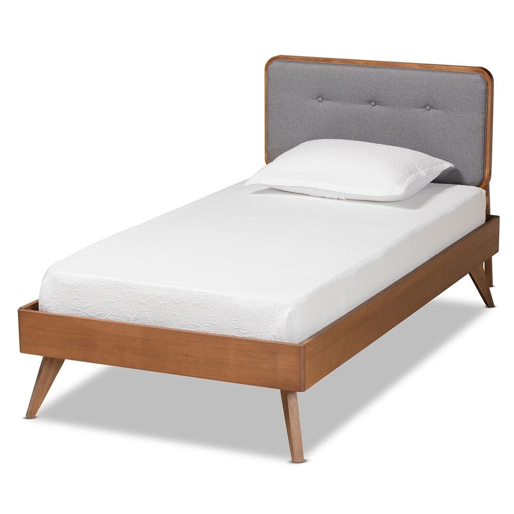 BAXTON STUDIO DILARA MID-CENTURY MODERN DARK GREY FABRIC UPHOLSTERED AND WALNUT BROWN FINISHED WOOD TWIN SIZE PLATFORM BED