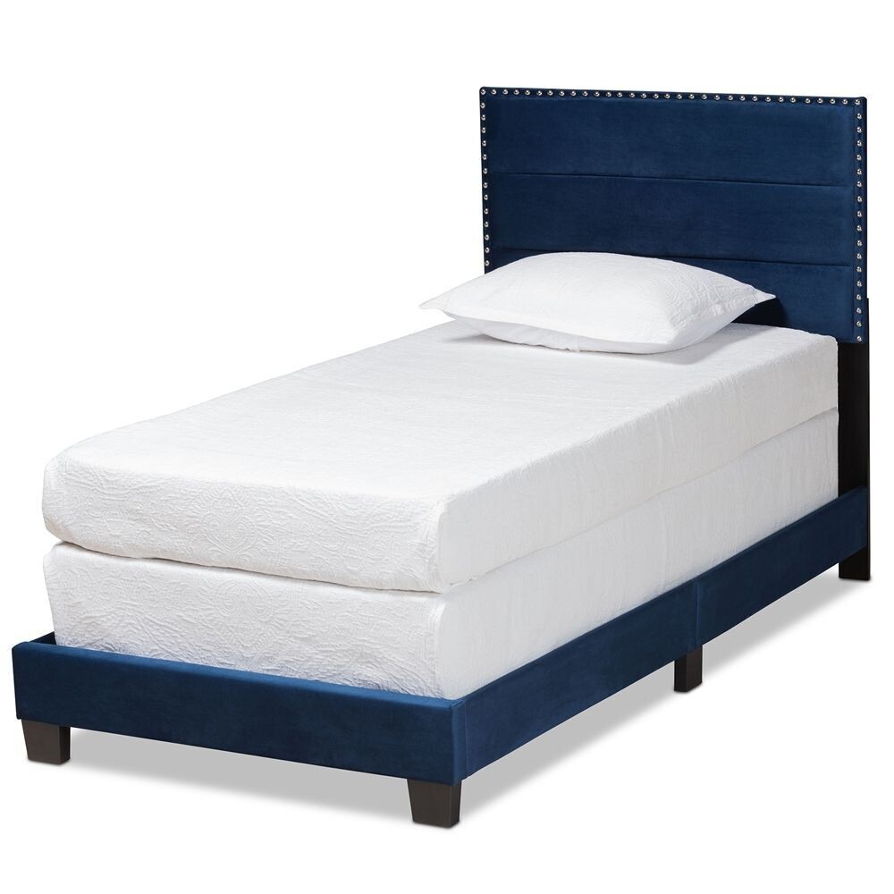 BAXTON STUDIO TAMIRA MODERN AND CONTEMPORARY GLAM NAVY BLUE VELVET FABRIC UPHOLSTERED TWIN SIZE PANEL BED
