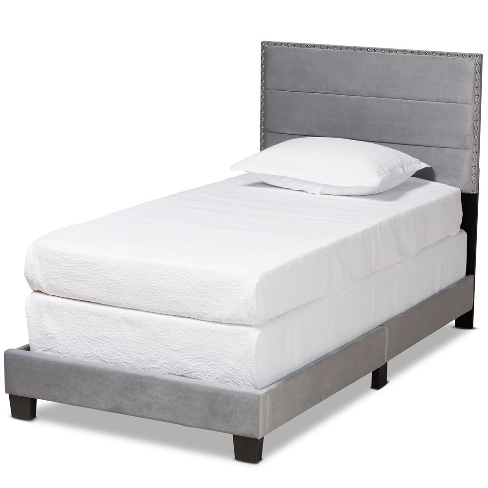 BAXTON STUDIO TAMIRA MODERN AND CONTEMPORARY GLAM GREY VELVET FABRIC UPHOLSTERED TWIN SIZE PANEL BED