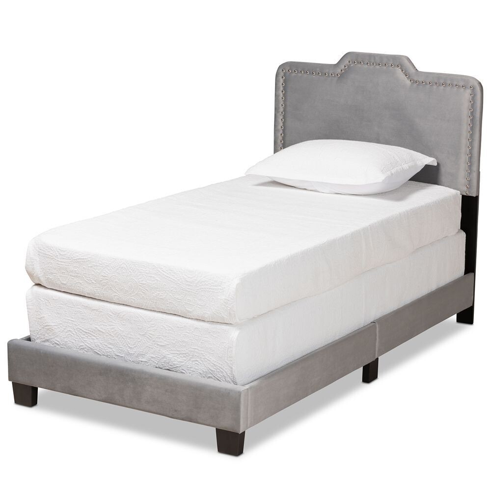 BAXTON STUDIO BENJEN MODERN AND CONTEMPORARY GLAM GREY VELVET FABRIC UPHOLSTERED TWIN SIZE PANEL BED