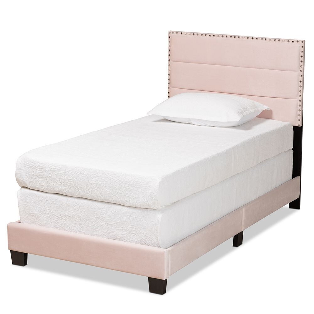 BAXTON STUDIO TAMIRA MODERN AND CONTEMPORARY GLAM LIGHT PINK VELVET FABRIC UPHOLSTERED TWIN SIZE PANEL BED