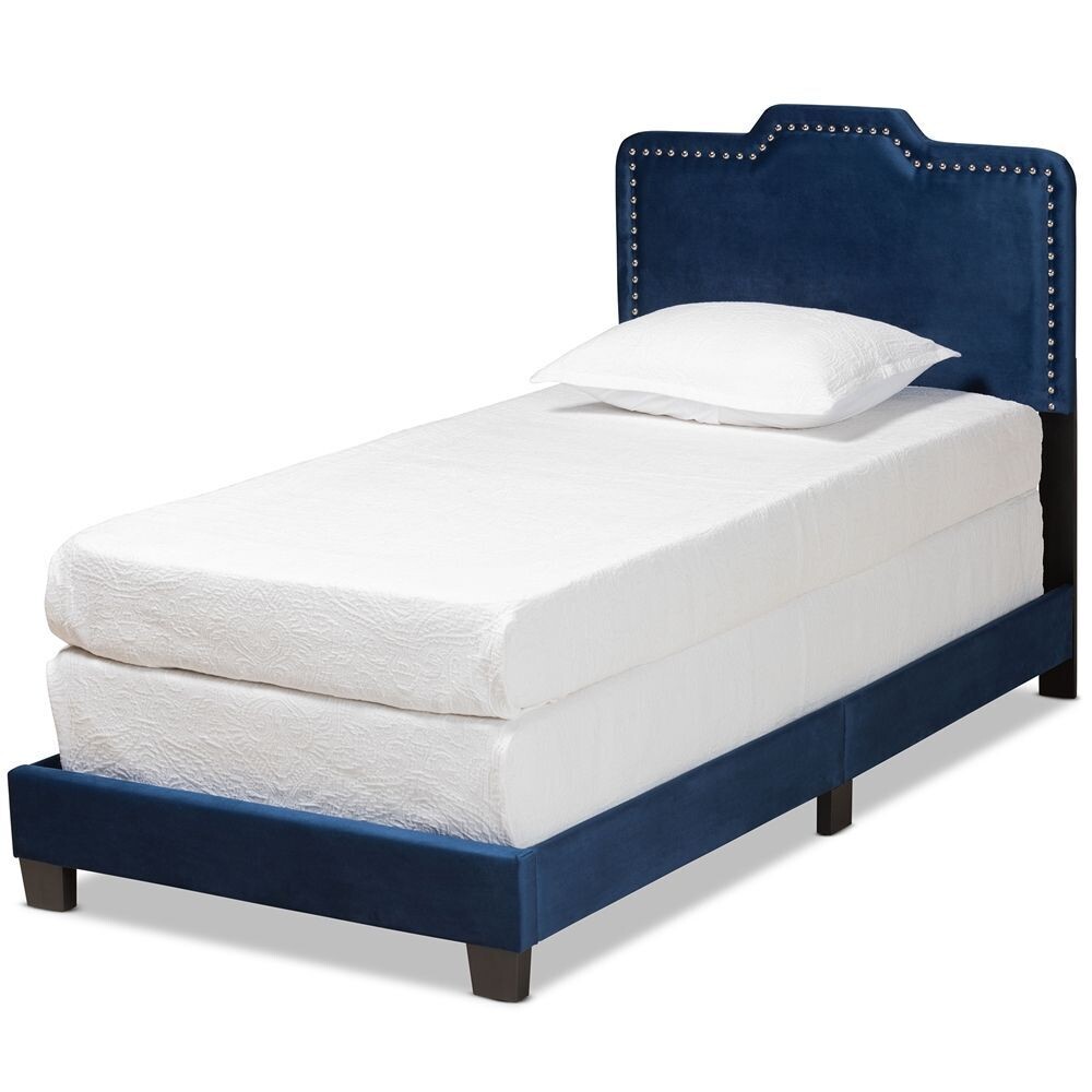 BAXTON STUDIO BENJEN MODERN AND CONTEMPORARY GLAM NAVY BLUE VELVET FABRIC UPHOLSTERED TWIN SIZE PANEL BED