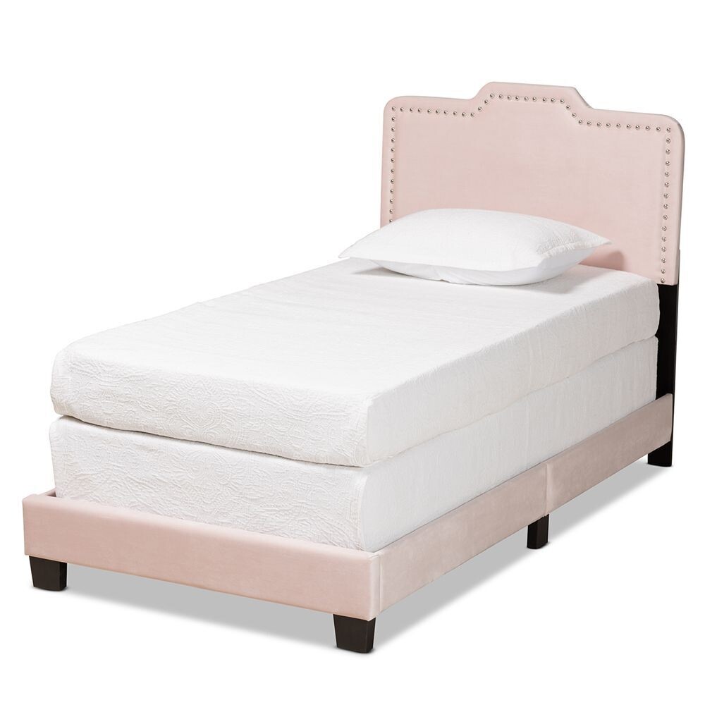BAXTON STUDIO BENJEN MODERN AND CONTEMPORARY GLAM LIGHT PINK VELVET FABRIC UPHOLSTERED TWIN SIZE PANEL BED