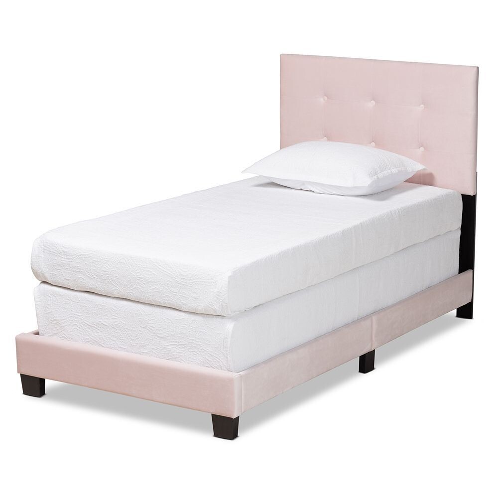 BAXTON STUDIO CAPRICE MODERN AND CONTEMPORARY GLAM LIGHT PINK VELVET FABRIC UPHOLSTERED TWIN SIZE PANEL BED