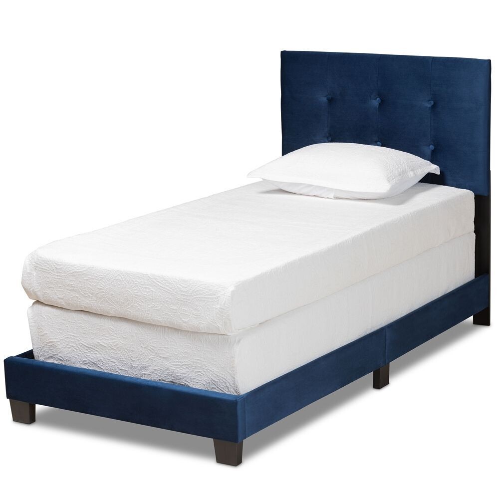 BAXTON STUDIO CAPRICE MODERN AND CONTEMPORARY GLAM NAVY BLUE VELVET FABRIC UPHOLSTERED TWIN SIZE PANEL BED