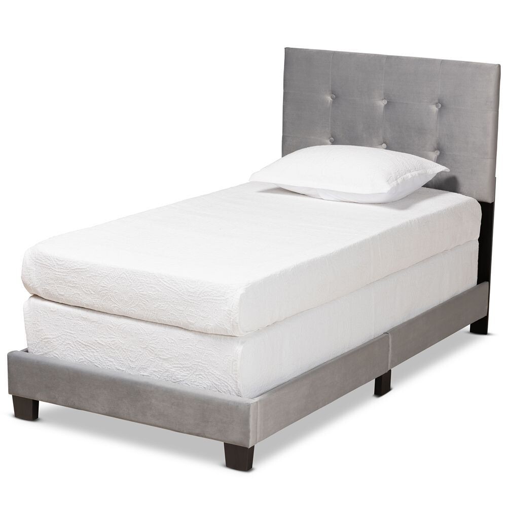 BAXTON STUDIO CAPRICE MODERN AND CONTEMPORARY GLAM GREY VELVET FABRIC UPHOLSTERED TWIN SIZE PANEL BED